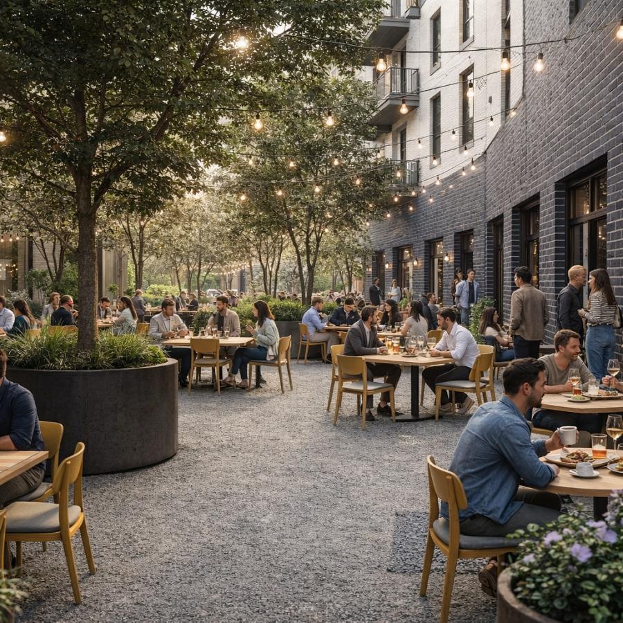 people sitting at tables outside